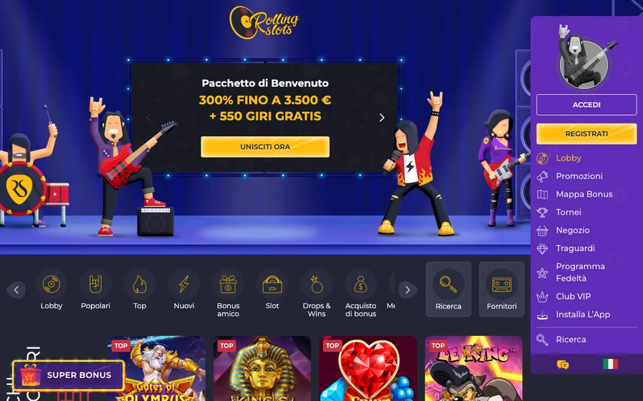 La piattaforma di Rolling Slots vista durante il nostro test